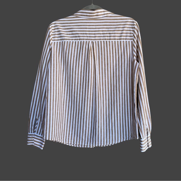 SEZANE Camel Tan & White Ecru Linen Cotton Striped Button Down Tomboy Shirt - Picture 9 of 17